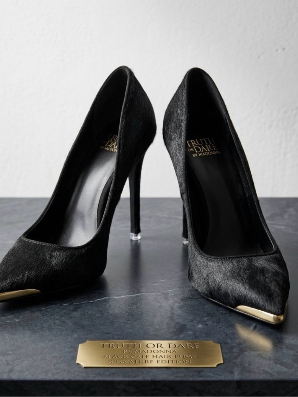 Truth or Dare by Madonna Gold Accented Black Calf Hair Pointed Toe Pumps-SZ 9.5